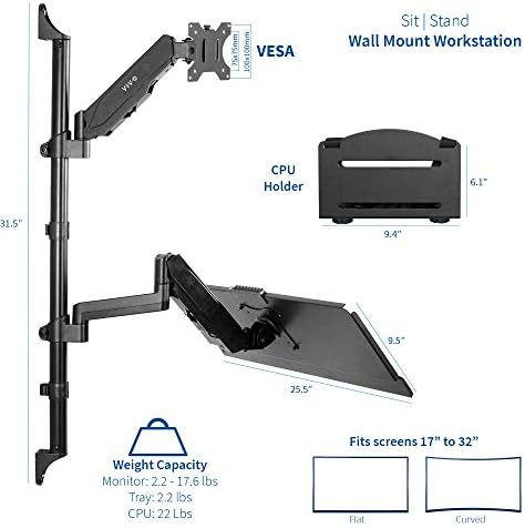 VIVO Black Sit-Stand Height Adjustable Pneumatic Spring Arm Keyboard, Monitor, CPU Wall Mount for 1 Screen up to 32 inches STAND-SIT1BW