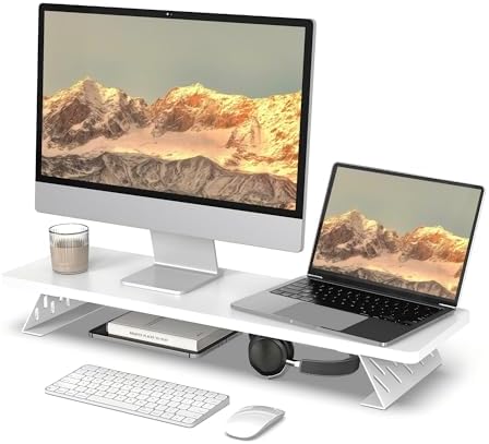 Fenge Monitor Stand Riser, Wooden & Metal Desk Shelf Organizer, White