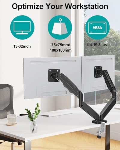 MOUNT PRO Dual Monitor Mount Fits 13 to 32 Inch Screen, Height Adjustable Monitor Stand for 2 Monitors, Full Motion Display Arm Holds up to 19.8lbs Each, Computer Desk VESA Mount, Black
