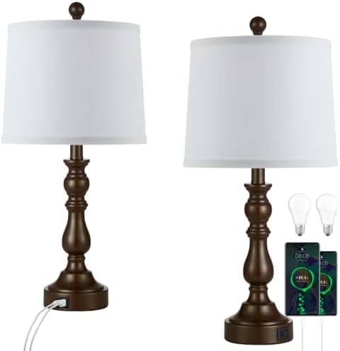 Brown Table Lamps Set of 2, Brown Lamps for Bedroom, USB C+A Ports