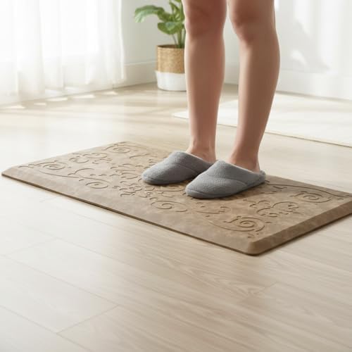 J&V TEXTILES Medallion Embossed Cushioned Anti Fatigue Floor Mat, Thick Non Slip Waterproof Kitchen Rug, Heavy Duty Foam Standing Mat for Kitchen (Taupe, 20" X 39")