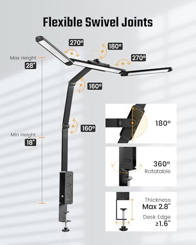 SUPERDANNY LED Desk Lamp with Power Strip (6 Outlets, 1 USB, 1 Type-C) for Home Office, Desk Light Computer Light with Clamp, Architect Desk Lamp with Smooth Dimming 5 Colors Touch & Wave Control