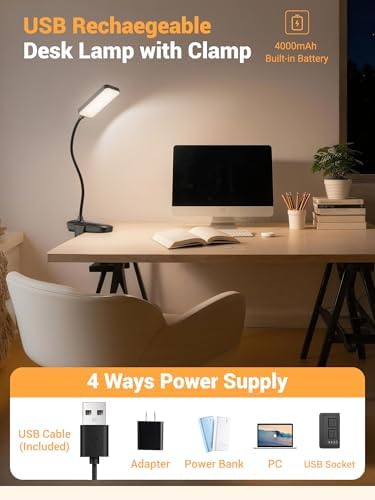 Clip on Light,9 Brightness+5 Color Rechargeable Lamp,48 LED Small Desk Lamp