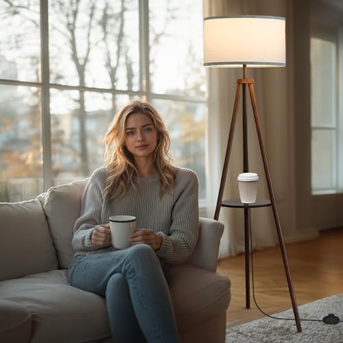 EOEYYOYB Floor Lamp with 3 Light Modes Adjustable– Wood Tripod Floor Lamp Modern LED Standing Lamps with Dimmable Brightness, Perfect for Living Room, Bedroom, and Office, Juglans Nigra