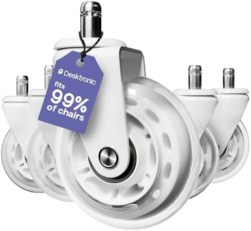 Desktronic Office Chair Caster Wheels Set of 5 — BIFMA Certified, 3X More Durable, Fits 99% of Chairs, No Chair Mat Needed, Safe for Hardwood, Tile & Carpet, 551 lbs Capacity (White)