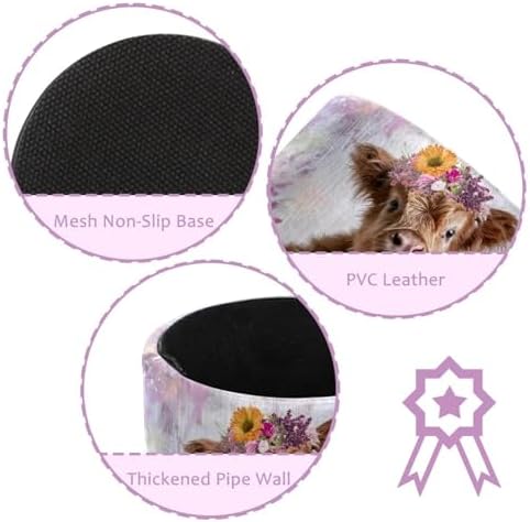 Leather Pen Holder for Desk, Highland Cow Purple Flower Pencil Cup Pen Organizer Makeup Brush Holder for Office Home Kids Countertop Desk Accessory Storage