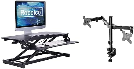 Rocelco Standing Desk Converter with Dual Monitor Mount - 31.5 Inch Sit Stand Up Tabletop Riser with Tablet Holder, Height Adjustable Workstation - Deep Keyboard Tray for Laptop - Black (R VADRB-DM2)