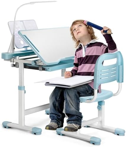 Rengue Kids Desk and Chair Set, Height Adjustable Children School Functional Study Desk with 55° Tiltable Desktop, 3 Modes & Brightness LED Light, Storage Drawer & Metal Hook for Boys Girls (Blue)