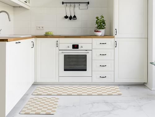 Ohocut Beige Khaki Checkered Kitchen Mats for Floor Set of 2, 2 Pcs Cushioned Non Slip Runner Rugs for Kitchen/Sink/Laundry, Comfort Aesthetic Cute Anti-Fatigue Foam Floor Mat 17.3"x29.5"+17.3"x47.2"