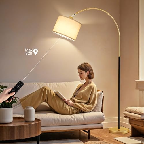 Ambimall Dimmable Arc Floor Lamp with Remote, Color Temperatures and Brightness Adjustable, Arched Floor Lamp with Rotating Head, Over Couch Arched Reading Light for Living Room (Black and Gold)