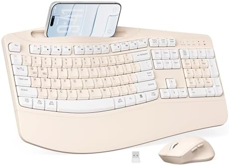 Wireless Keyboard and Mouse Combo, 2.4G Ergonomic Wave Keys(Milk Tea-A)
