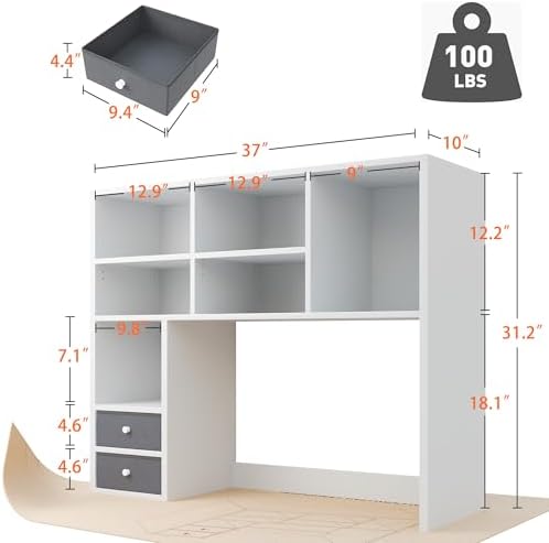 REIBII Desktop Bookshelf, 8 Shelves Desk Hutch for Dorm Room, White