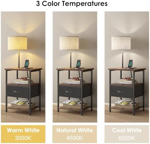 Fixwal Nightstand with Lights Bedside Table with 3 Color Temperatures Bulb, Night Stand with Charging Station End Table with Adjustable Fabric Drawer for Bedroom Dorm