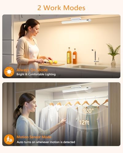 WILLED 3W Motion Sensor Magnetic Light Bar, Eye-Care Rechargeable Closet Light with Battery Level Display, Mirror Lights Stick on, Led Light Bar for Cabinet, Closet, Desk and Bathroom