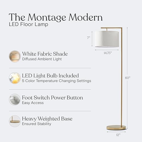 Brightech Montage Modern Floor Lamp - LED Standing Lamp with Adjustable Color Changing Bulbs for Living Rooms & Offices - Tall Corner Bedroom Reading Light for Contemporary Home Decor - Antique Brass