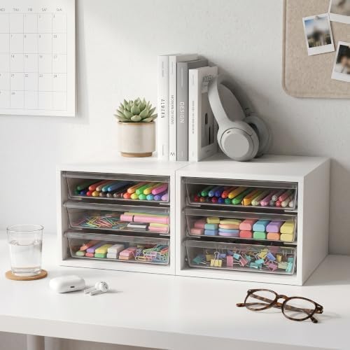 WOPITUES Wooden Desk Organizer with 3 Drawers & a Total of 5 Dividers,White