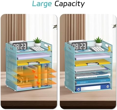 7 Tier Paper Organizer for Desk with Letter Trays & Handle Blue