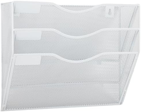 EASEPRES 3 Pocket Mesh Hanging Wall File Organizer, Wall Mounted Mail Paper Document Folder Holder, Clipboard Storage Organization Magazine Rack with Nametag Label for Office Home School, White
