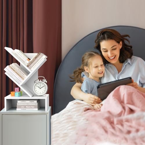 Godferyxin Small Bookshelf,4-Tier Bookshelf with Drawers,White Bookshelf