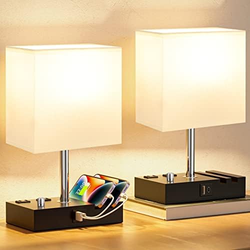 White Bedside Table Lamps Set of 2 - Dimmable, USB C+A, 2 AC Outlets