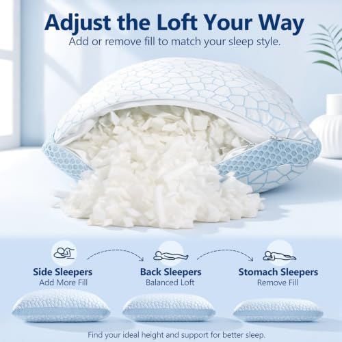 QUTOOL Enhanced Cooling Pillows for Sleeping, CertiPUR-US Shredded Memory Foam Pillows Standard Size Set of 1 for Hot Sleeper, Adjustable Pillow for Side, Back, Stomach Sleepers Support Yet Soft, Blue