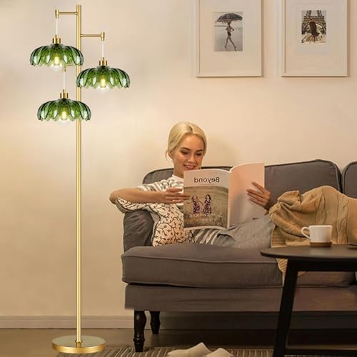 ZECOXOL Gold Floor Lamps for Living Room Bedroom-3 Light Glass Floor Lamp with Three Led Bulb,Mid Century Standing Lamp Vintage Brass Tall Lamp Tree Floor Lamp for Bedroom Corner