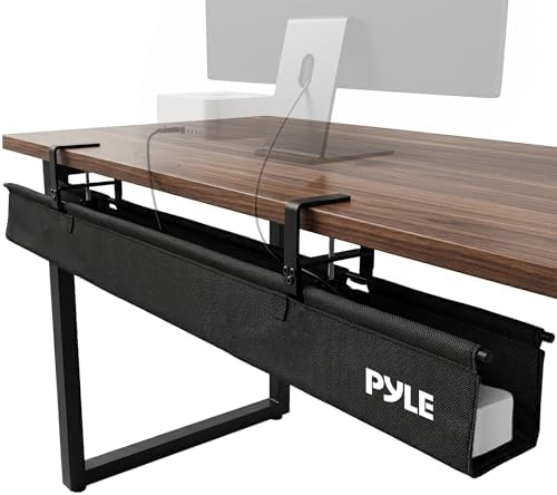 Pyle 48" Under Desk Cable Management Tray, Under Desk Wire Organizer with Clamp or Screw Mount, Desk Cable Organizer with Fabric Design for Large Workstations, Built-in Ties, 20 lb Capacity, Black