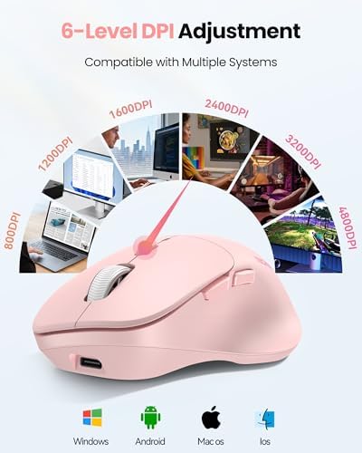 TECKNET Wireless Mouse Bluetooth 5.0/3.0 & 2.4G Rechargeable, Silent Clicks, Adjustable 4800 DPI, 6 Buttons, Ergonomic Design, Bluetooth Mouse for Laptop, Computer, ipad - Pink