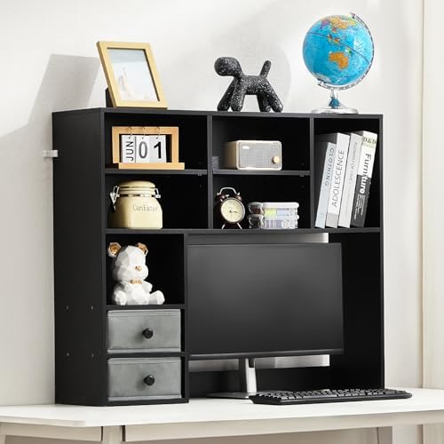 VEVOR 3-Tier Desktop Storage Organizer, 37" x 10" x 31.1" Office Storage Rack Wood Display Shelf, Desktop Bookshelf Hutch with 2 Fabric Drawers, for Office, Home & Dorm, Black