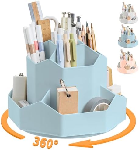 Cayxenful Pencil Pen Holder for Desk,9 Slots 360 Degree Rotating Desk Organizers,Desktop Storage Stationery Supplies Organizer, Cute Pencil Cup Pot For Office, School, Home(Blue)