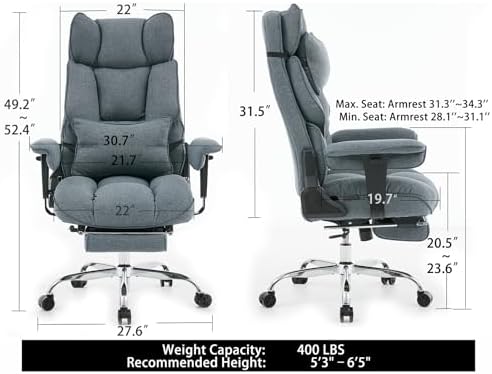 mokodo Big and Tall Office Chair 400lbs, Breathable Fabric Executive Desk Chair with Pocket Spring Cushion, 155° Reclining Computer Chair with Integrated Headrest & Lumbar Pillow (Dark Blue)