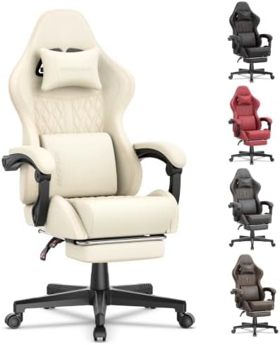 Ferghana Vintage PU Leather Gaming Chair, Ergonomic Reclining Racing Gamer Chair with Massage Lumbar Support, High Back Computer Office Chair with Footrest for Adults, White