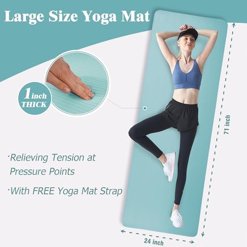 Fitvids 1 Inch Thick Yoga Mat 71x24 Inch - Non Slip Workout Mat with Carry Strap, Multiple Colors - Versatile Exercise Mat for Home, Gym, Pilates, Meditation - For All Skill Levels