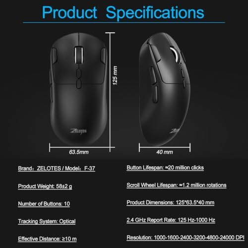 zelotes Gaming Wireless Mouse, Bluetooth Rechargeable with 9 Programmable Buttons,Ultra-Light 60g, 24,000 DPI, BT/USB 2.4G / Type-C, Ergonomic Optical Mouse for Laptop, PC,Office and Gamers (Black)