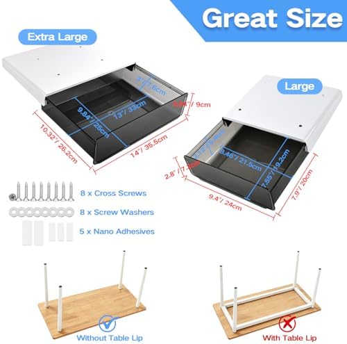 OSPNIEEK Self-adhesive Under Desk Drawer Organizer, 2 Pack Table Hidden Slide Out Large Storage Mounted Desktop Pencil Holder Tray Drawers for Office Home School Stationery Kitchen (XL+L, Black)