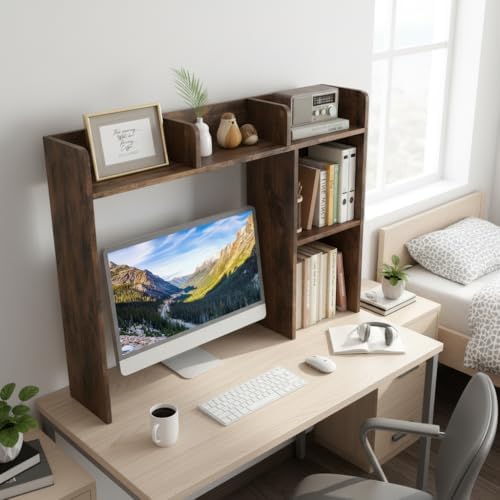 Tangkula Desktop Bookshelf, Countertop Storage Hutch with 5 Shelves for Computer Desk, 3-Tier Display Rack, Multipurpose Wood Desktop Hutch Storage Organizer for Dorm Office, Brown