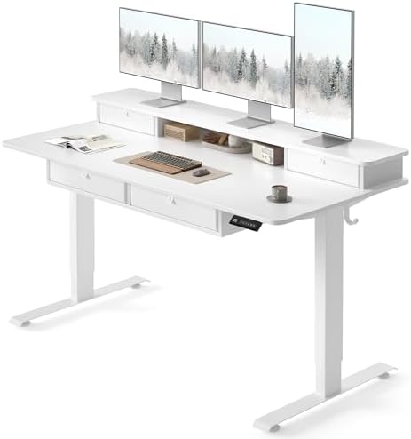 FEZIBO 55 x 30 inch Standing Electric Desk with Drawers, White