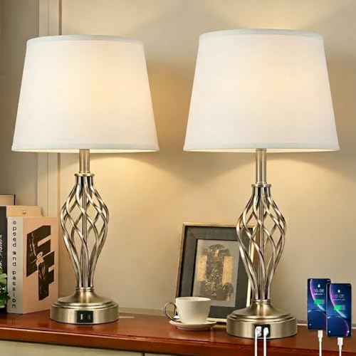Ruiever Touch Table Lamps Set of 2, nightstand lamp with USB Ports Bedside 3 Way Touch dimmer Desk lamp for Living Room Bedroom,Nickel Plated Spiral cage Base Design Warm White dimmer Bulbs Included.