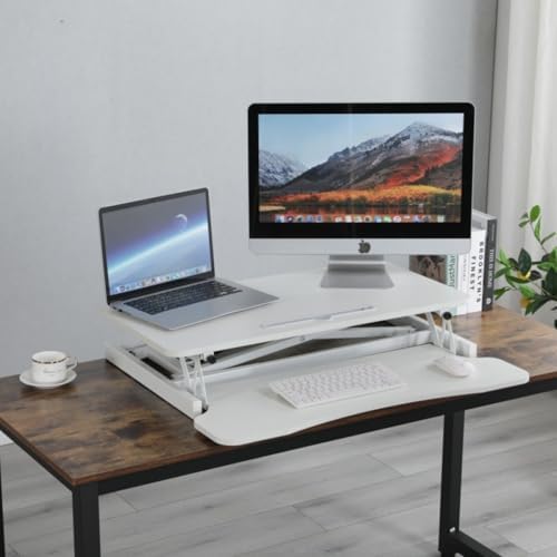 32" Height Adjustable Standing Desk Sit To Stand Converter with Wide Keyboard Tray for Home Office, Stand Up Desk Dual Monitor Riser Workstation with Spacious Tabletop for Laptops/Small Space (White)