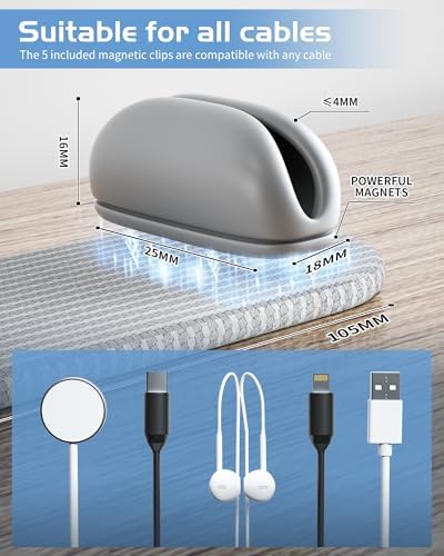 5-Pack Magnetic Cable Clips Cord Organizer - Smoothly Adjustable, Puretor Desk Cable Management Clips. Ideal Wire Holders for Desktop, Nightstand, Wall - Perfect for Home Office, Phone, Car (Grey)