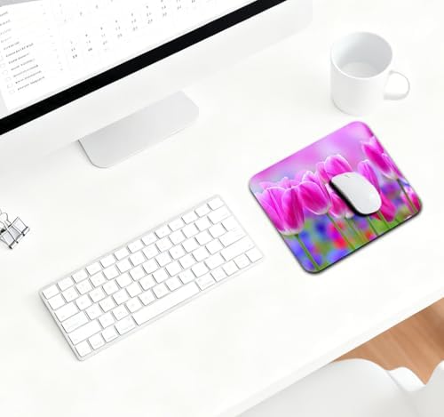 9.5x7.9 Inch Office/Gaming Mouse Pad, Blossoming Pink Tulips Flowers in a Vibrant Garden Floral Art Cute Anti-Slip Mat for Desk