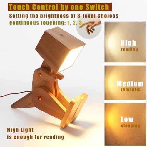 Wood Dinosaur Table Lamp, Brown, 3 Levels Dimmable Touch Switch