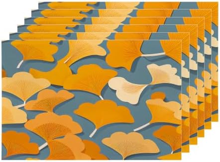 Shrahala Autumn Ginkgo Leaves Set of 6 12 X 18 Inch Linen Placemats, Yellow Leaves Blue Background Burlap Table Mat Washable Double Layered Heat Insulation for Indoor