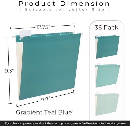 Y YOMA 36 Pack Gradient Hanging File Folders Letter Size Decorative Hanging Folder Pretty File Folder Organizer for Filing Cabinet Office Home with 1/5-Cut Adjustable Tabs, Teal Blue
