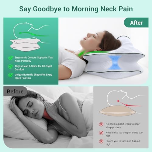 AZBESTPRO Memory Foam Cervical Pillow for Neck Support & Pain Relief, Butterfly Ergonomic Design – 24×15.75×5.7 Inches, Removable 100% Polyester Pillowcase, Suitable for Side & Back Sleepers (Green)