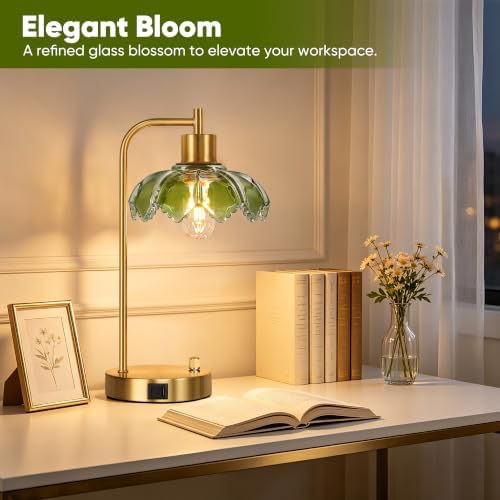 Glass Table Lamps Set of 2, Green Dimmable Bedside Lamps for Living Room