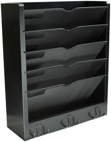 Multi-Purpose No-Assembly Hanging Wall File & Mail Organizer - 3 Pairs of Hooks, Fits Desk with Side Panel/Door-Mountable (Black)