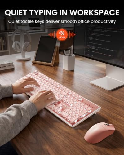 Wireless Keyboard and Mouse Combo, White Backlit, Rechargeable - Pink