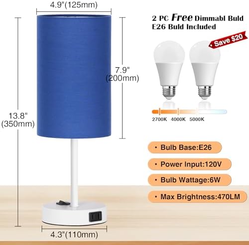 ZJOJO Blue Table Lamp Set of 2, 13.8" Small Lamp for Bedroom Nightstand