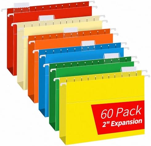 Extra Capacity Hanging File Folders, RAZCC 60 Pack Letter Size Reinforced Hanging Folders with Heavy Duty 2 Inch Expansion for Bulky Files, Filing Cabinet, Adjustable Tabs, Assorted Colors